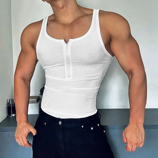 a sexy man in White Men’s Gym Glow Ribbed Zip Tank - pridevoyageshop.com - gay men's fashion, clubwear, party outfit