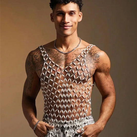 a sexy man in White Oyster Boy Fantasy Rhinestone Mesh Vest - pridevoyageshop.com - gay men's harness, fetish gear, rave outfit
