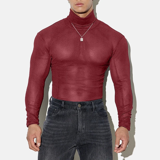 a sexy man in Wine Red Censored Mesh Turtleneck - pridevoyageshop.com - gay men's fashion, clubwear, party outfit