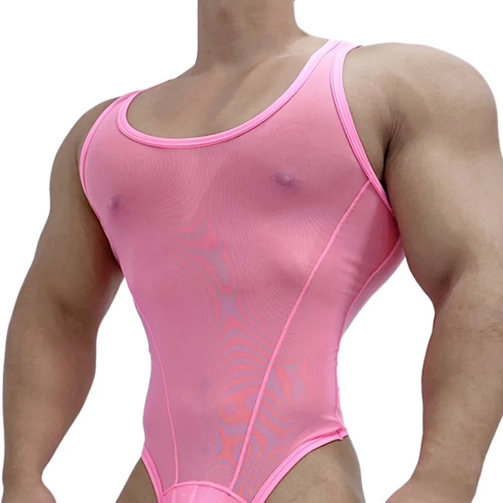 a sexy man in a pink sheer mesh leotard with ultra-revealing cut and body-hugging design – pridevoyageshop.com – gay men’s harness, lingerie and fetish wear