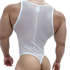 a sexy man in a white sheer mesh leotard highlighting chest and abs through see-through fabric – pridevoyageshop.com – gay men’s harness, lingerie and fetish wear