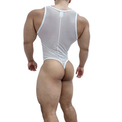 a sexy man in a white sheer mesh leotard highlighting chest and abs through see-through fabric – pridevoyageshop.com – gay men’s harness, lingerie and fetish wear