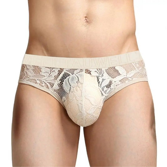 a sexy man in beige Men’s Lace Peek-a-Boo Briefs - pridevoyageshop.com - gay men’s thongs, boxers, briefs and jockstraps