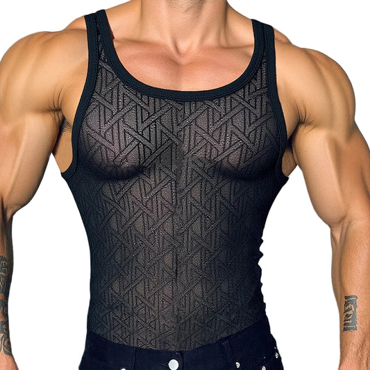 a sexy man in black Afterhours Blueprint Circuit Mesh Tank – pridevoyageshopcom – gay mens clubwear mesh tanks crop tops fashion tops partywear activewear