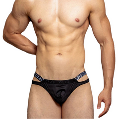 a sexy man in black DM Men’s Strappy Mesh Jock Brief - pridevoyageshop.com - gay men’s thongs, boxers, briefs and jockstraps