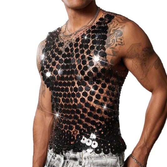 a sexy man in black Diva’s Armor Sequin Vest - pridevoyageshop.com - gay men’s harness, lingerie and fetish wear