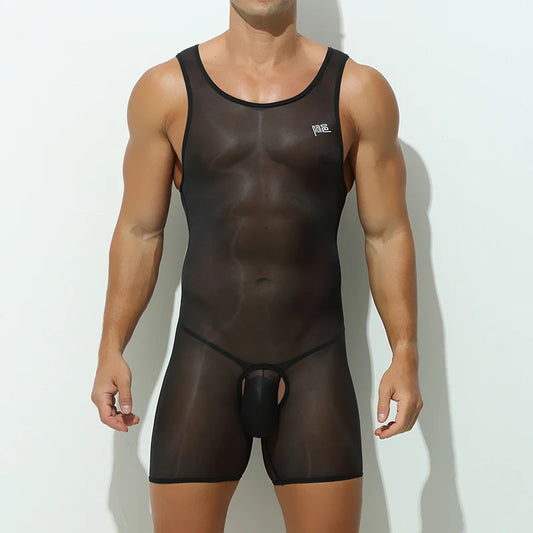 a sexy man in black Full Disclosure Open-Crotch Mesh Singlet, see-through mesh, exposed crotch cut-out, tight fetish fit, bold erotic tease – pridevoyageshop.com – gay men’s harness, lingerie and fetish wear