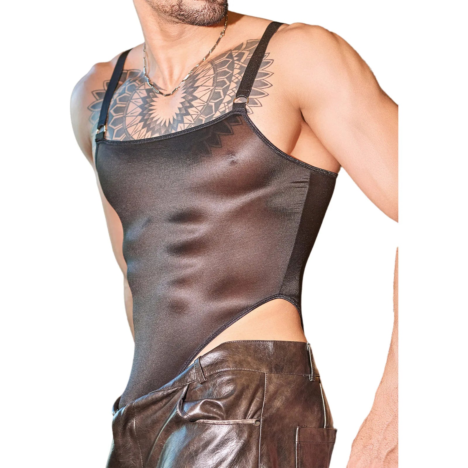 a sexy man in black Glaze Satin Square-Neck Bodysuit – pridevoyageshop.com – gay men’s harness, lingerie and fetish wear