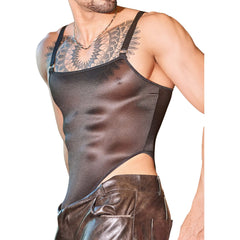 a sexy man in black Glaze Satin Square-Neck Bodysuit – pridevoyageshop.com – gay men’s harness, lingerie and fetish wear