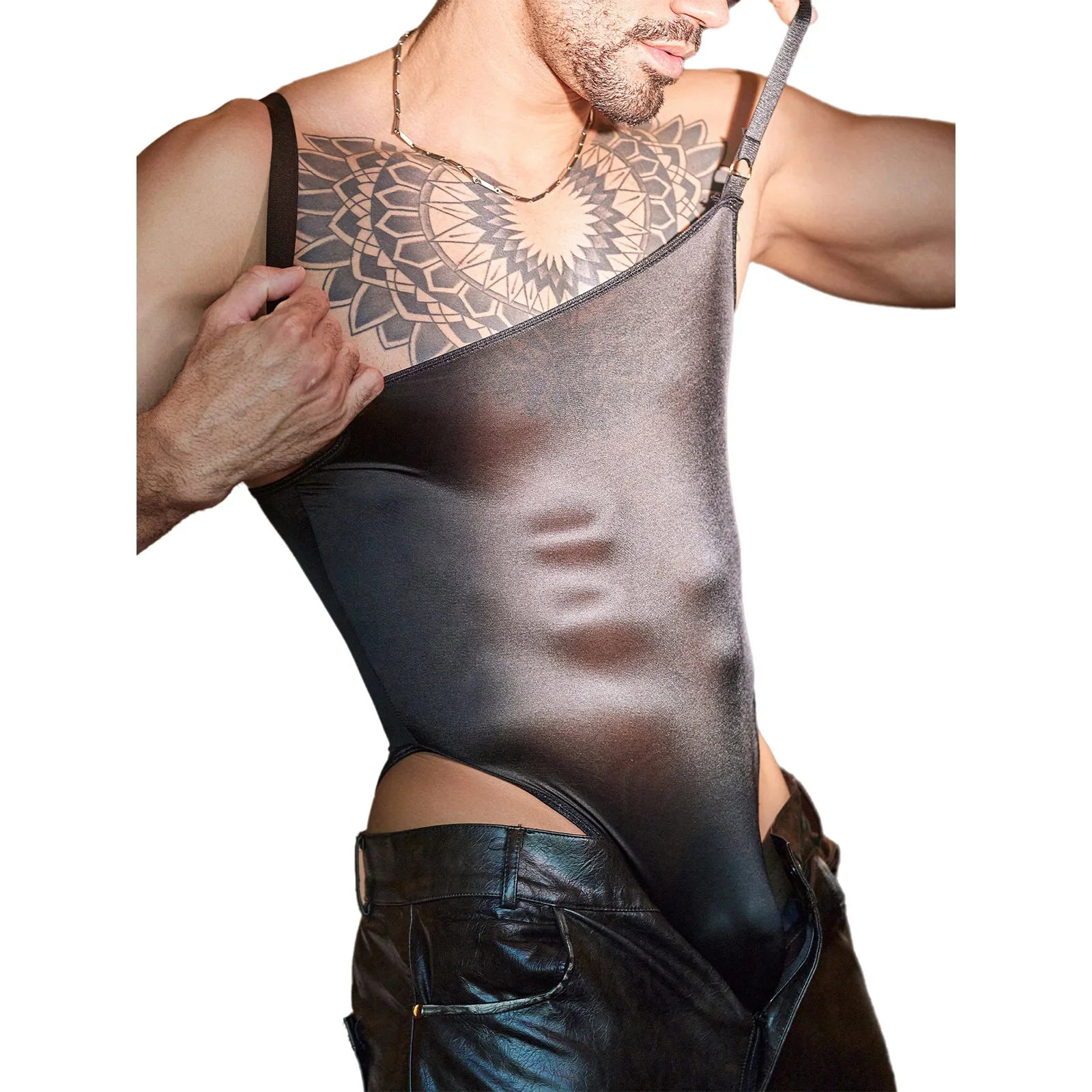 a sexy man in black Glaze Satin Square-Neck Bodysuit – pridevoyageshop.com – gay men’s harness, lingerie and fetish wear