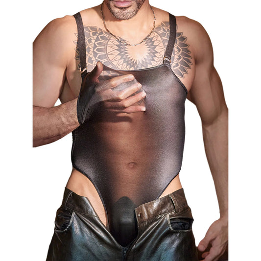 a sexy man in black Glaze Satin Square-Neck Bodysuit – pridevoyageshop.com – gay men’s harness, lingerie and fetish wear
