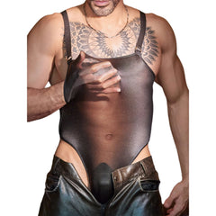 a sexy man in black Glaze Satin Square-Neck Bodysuit – pridevoyageshop.com – gay men’s harness, lingerie and fetish wear