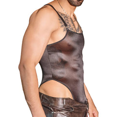 a sexy man in black Glaze Satin Square-Neck Bodysuit – pridevoyageshop.com – gay men’s harness, lingerie and fetish wear