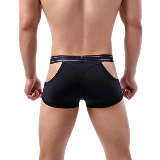 a sexy man in black Hollow Tease Cutout Boxer Briefs - pridevoyageshop.com - gay men’s thongs, boxers, briefs and jockstraps
