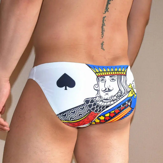 a sexy man in black K Men’s Strip Poker Swim Briefs - pridevoyageshop.com - gay men’s sexy swim briefs, trunks, board shorts, and bikinis
