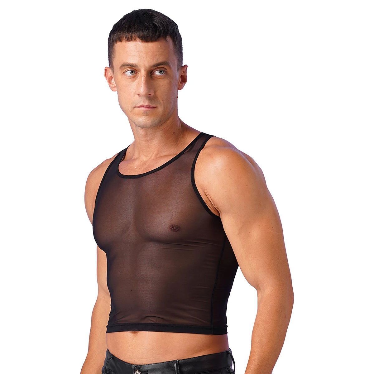 a sexy man in black Locker Room Mirage Sheer Crop Tank - pridevoyageshop.com - gay men’s harness, lingerie and fetish wear