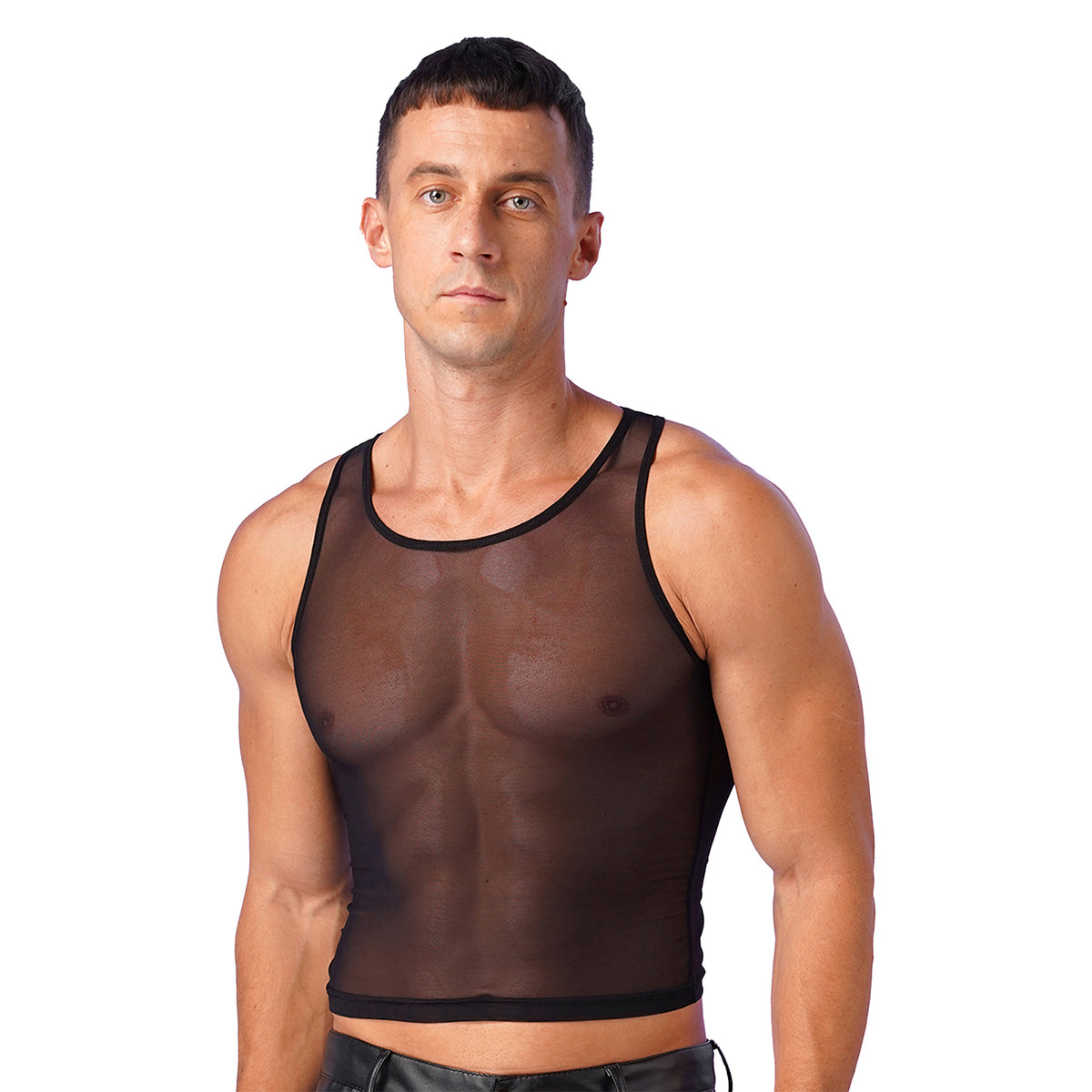 a sexy man in black Locker Room Mirage Sheer Crop Tank - pridevoyageshop.com - gay men’s harness, lingerie and fetish wear