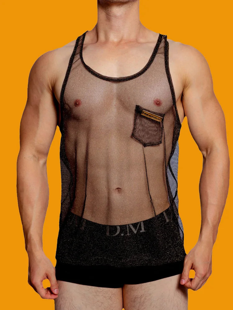 a sexy man in black Look Dont Touch Mesh Tank – pridevoyageshopcom – gay mens clubwear mesh tanks crop tops fashion tops partywear