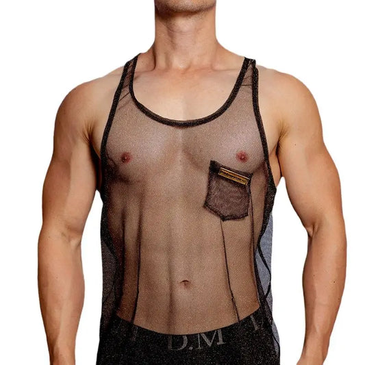 a sexy man in black Look Dont Touch Mesh Tank – pridevoyageshopcom – gay mens clubwear mesh tanks crop tops fashion tops partywear