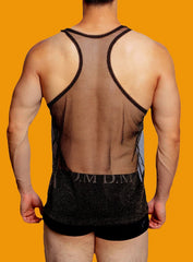 a sexy man in black Look Dont Touch Mesh Tank – pridevoyageshopcom – gay mens clubwear mesh tanks crop tops fashion tops partywear