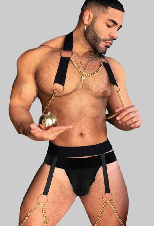 a sexy man in black Men’s After Dark Gold-Chain Harness & Garter Set – pridevoyageshop.com – gay men’s harness, lingerie and fetish wear