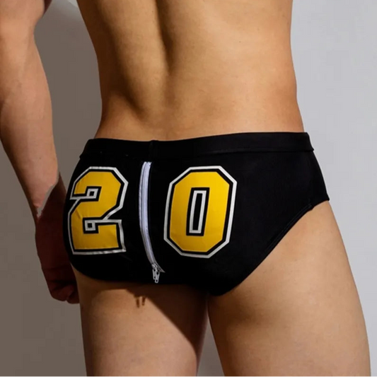 a sexy man in black Men’s Backdoor Access Zipper Swim Briefs - pridevoyageshop.com - gay men’s sexy swim briefs, trunks, board shorts, and bikinis