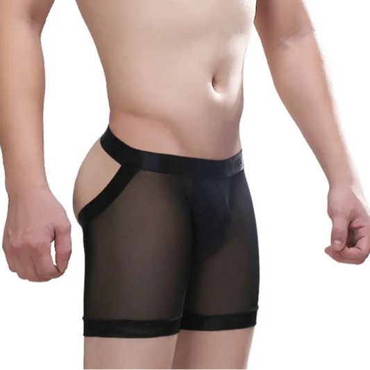 a sexy man in black Men's Bare Cheeks Sheer Jock Shorts