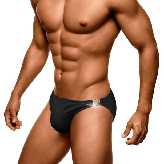 a sexy man in black Men’s Climax Buckle Bulge Swim Briefs - pridevoyageshop.com - gay men’s sexy swim briefs, trunks, board shorts, and bikinis