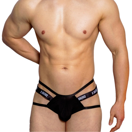 a sexy man in black Men’s D.M & Eros Strappy Jock Thong - pridevoyageshop.com - gay men’s thongs, boxers, briefs and jockstraps