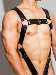 a sexy man in black Men’s Enforcer Bulldog Harness – pridevoyageshop.com – gay men’s harness, lingerie and fetish wear