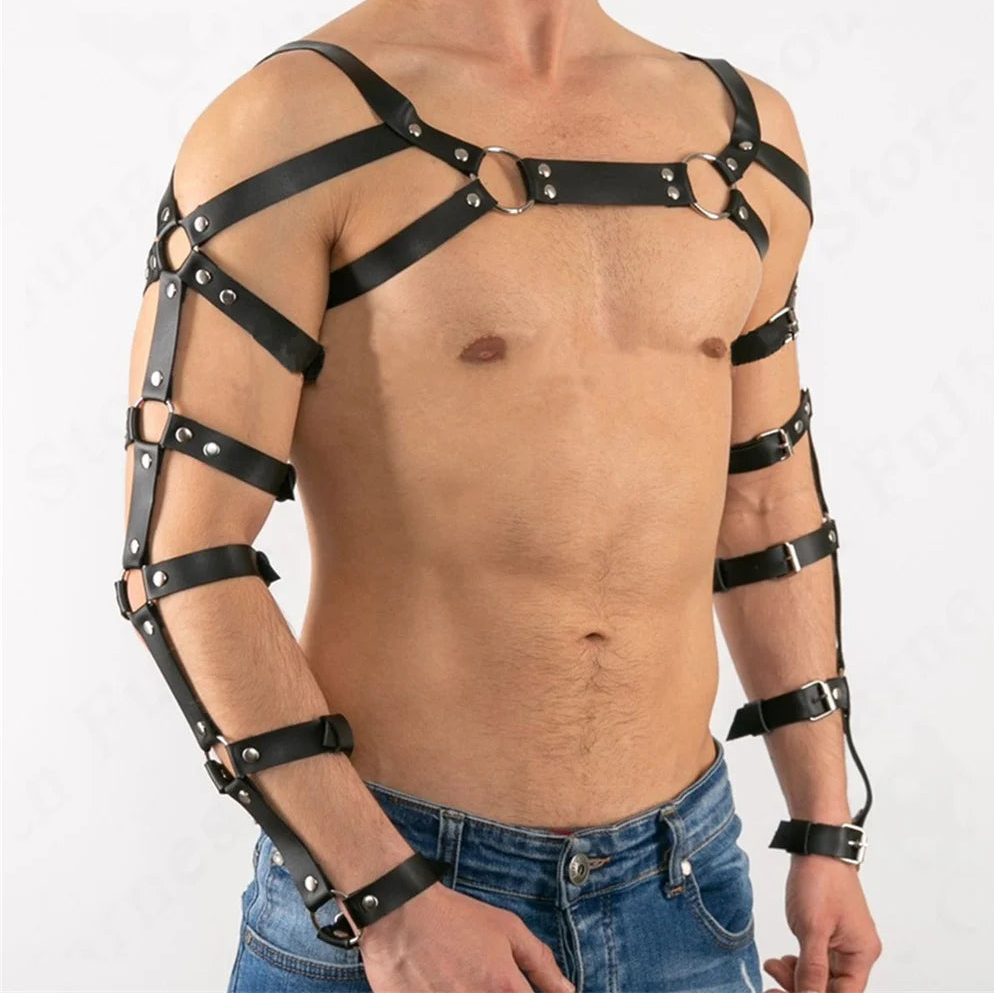 a sexy man in black Men’s Full Control Arm-Cage Bondage Harness – pridevoyageshop.com – gay men’s harness, lingerie and fetish wear2