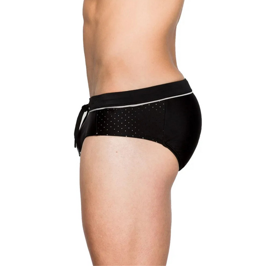 a sexy man in black Men’s Hole Patrol Side Mesh Swim Briefs - pridevoyageshop.com - gay men’s sexy swim briefs, trunks, board shorts, and bikinis