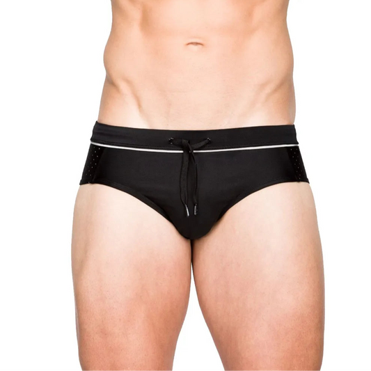 a sexy man in black Men’s Hole Patrol Side Mesh Swim Briefs - pridevoyageshop.com - gay men’s sexy swim briefs, trunks, board shorts, and bikinis