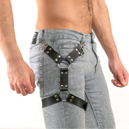 a sexy man in black Men’s Holster Thigh Harness – pridevoyageshop.com – gay men’s harness, lingerie and fetish wear
