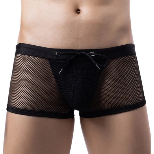 a sexy man in black Men’s “I Am Ready” Lace-Up Mesh Trunks - pridevoyageshop.com - gay men’s thongs, boxers, briefs and jockstraps