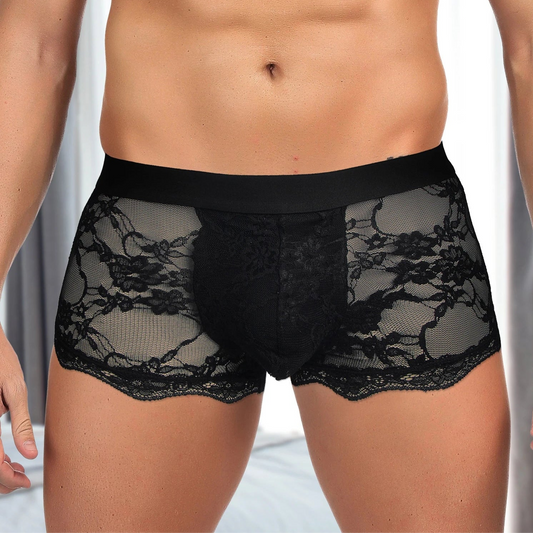 a sexy man in black Men’s Kinked Up Floral Lace Boxers - pridevoyageshop.com - gay men’s thongs, boxers, briefs and jockstraps