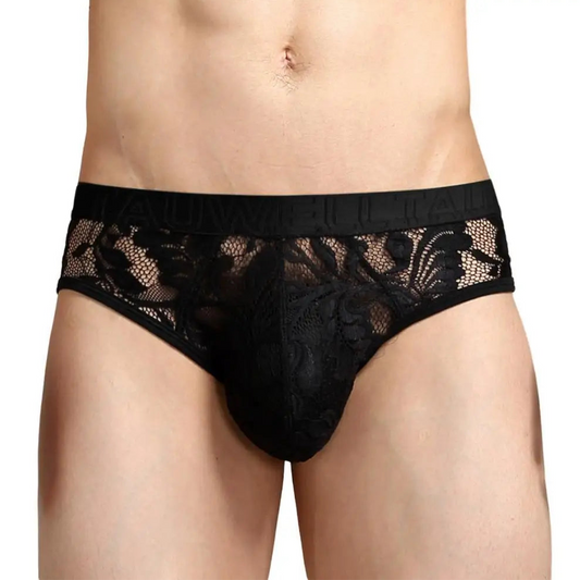 a sexy man in black Men’s Lace Peek-a-Boo Briefs - pridevoyageshop.com - gay men’s thongs, boxers, briefs and jockstraps
