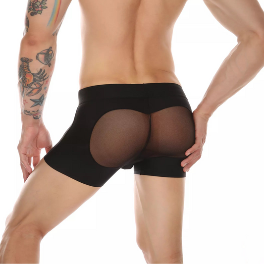 a sexy man in black Men’s Mesh Big Pouch and Peach Butt Boxer - pridevoyageshop.com - gay men’s thongs, boxers, briefs and jockstraps