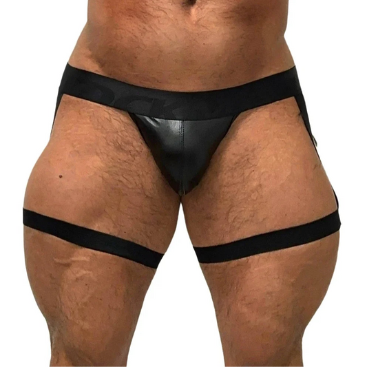 a sexy man in black Men’s Metallic Thigh-Strap Jockstrap - pridevoyageshop.com - gay men’s thongs, boxers, briefs and jockstraps