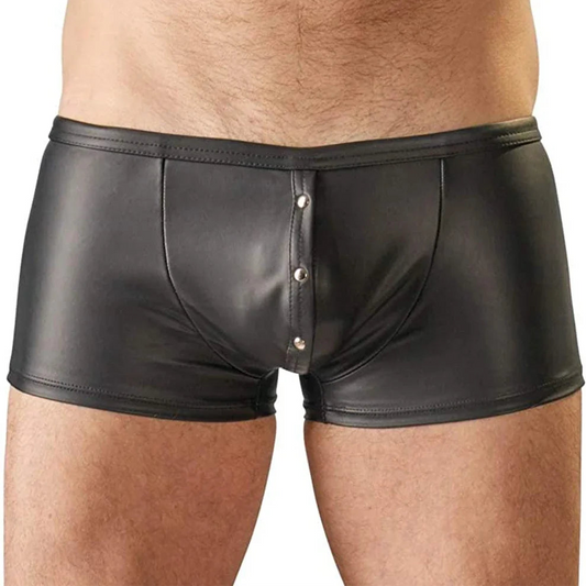 a sexy man in black Men’s PU Leather Snap Shorts - pridevoyageshop.com - gay men’s thongs, boxers, briefs and jockstraps
