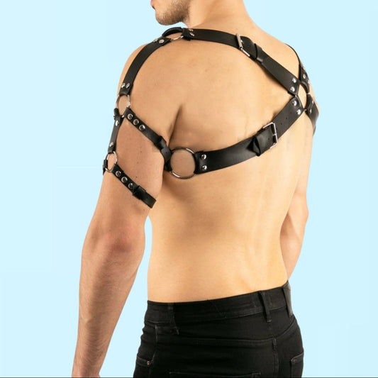 a sexy man in black Men’s Praetorian Gladiator Harness – pridevoyageshop.com – gay men’s harness, lingerie and fetish wear