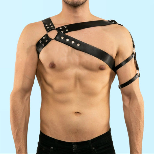 a sexy man in black Men’s Praetorian Gladiator Harness – pridevoyageshop.com – gay men’s harness, lingerie and fetish wear