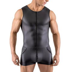 a sexy man in black Men’s Riot Gear Dual-Zip Bodysuit – pridevoyageshop.com – gay men’s harness, lingerie and fetish wear
