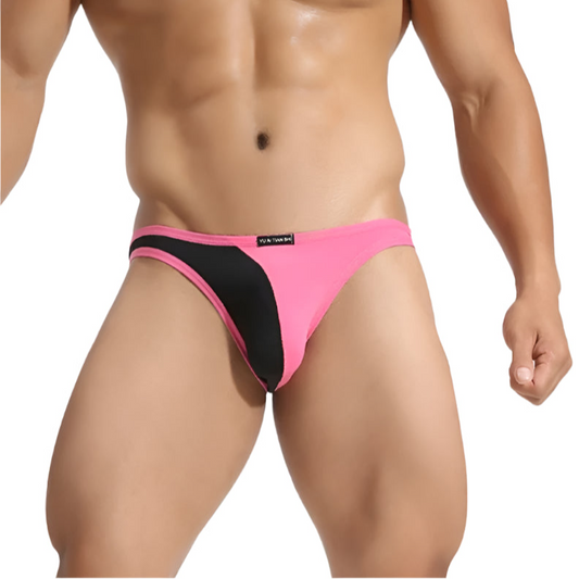 a sexy man in black Men’s Slick Split-Panel Swim Briefs - pridevoyageshop.com - gay men’s sexy swim briefs, trunks, board shorts, and bikinis