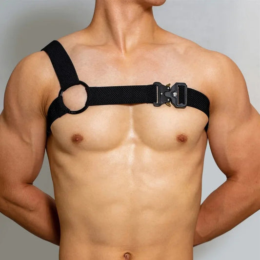 a sexy man in black Men’s Trigger Quick-Release Chest Harness – pridevoyageshop.com – gay men’s harness, lingerie and fetish wear
