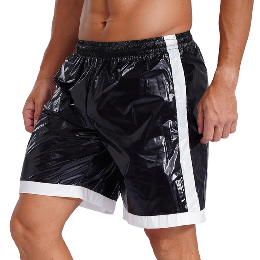 a sexy man in black Men’s Wet Look Lights Out Shorts – pridevoyageshop.com – gay men’s sexy swim briefs, trunks, board shorts, and bikinis