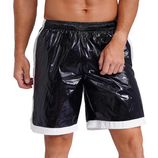 a sexy man in black Men’s Wet Look Lights Out Shorts – pridevoyageshop.com – gay men’s sexy swim briefs, trunks, board shorts, and bikinis