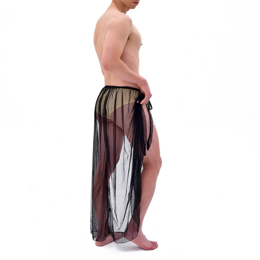 a sexy man in black Men’s Whisper Sheer Sarong – pridevoyageshop.com – gay men’s sexy swim briefs, trunks, board shorts, and bikinis