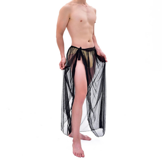 a sexy man in black Men’s Whisper Sheer Sarong – pridevoyageshop.com – gay men’s sexy swim briefs, trunks, board shorts, and bikinis
