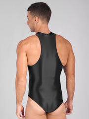 a sexy man in black Riptide Zip Racer Leotard with front zip, sculpted torso and sleek sporty cut – pridevoyageshop.com – gay men’s harness, lingerie and fetish wear
